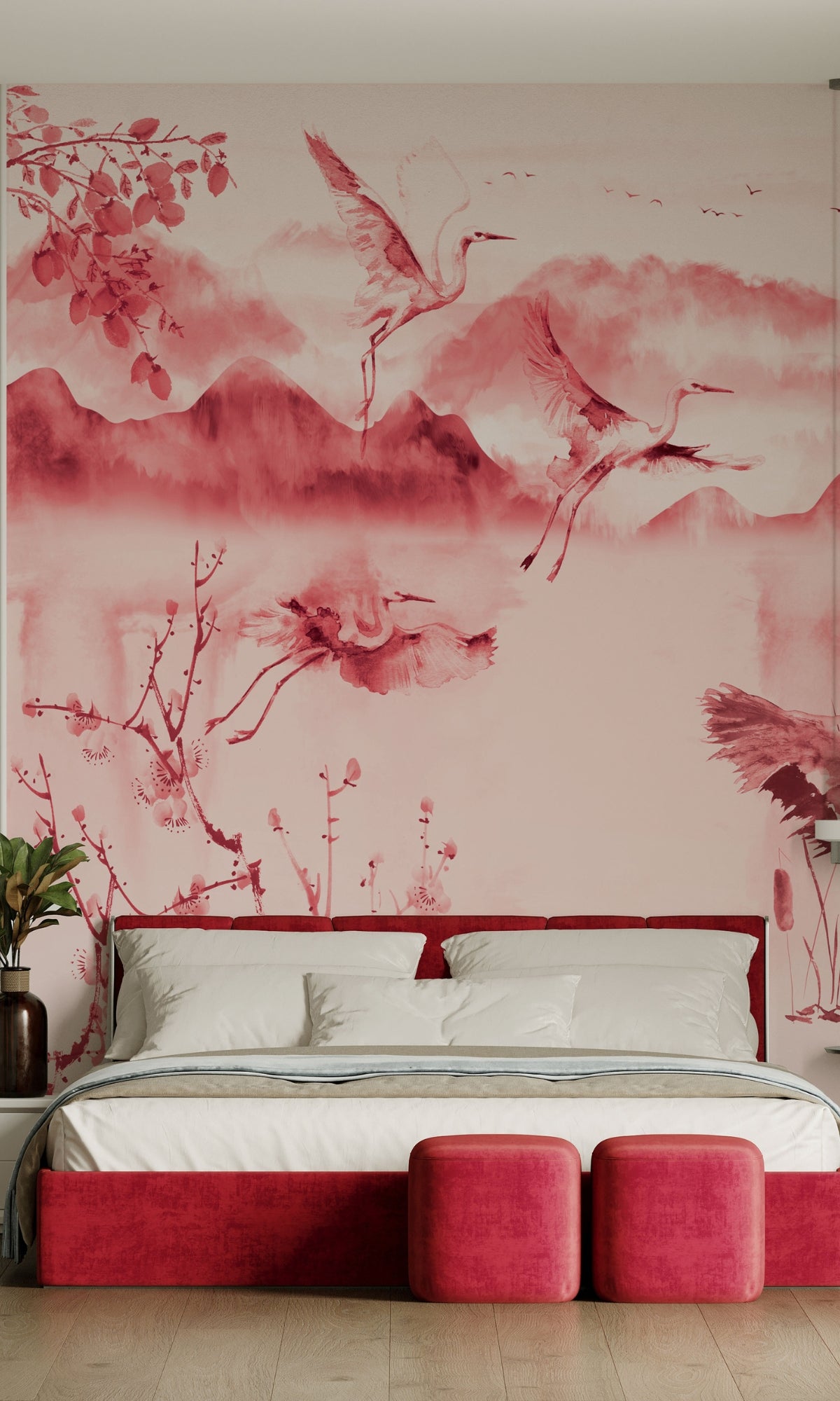 Pink Flying Storks in the Nature Mural Wallpaper M1129-Sample