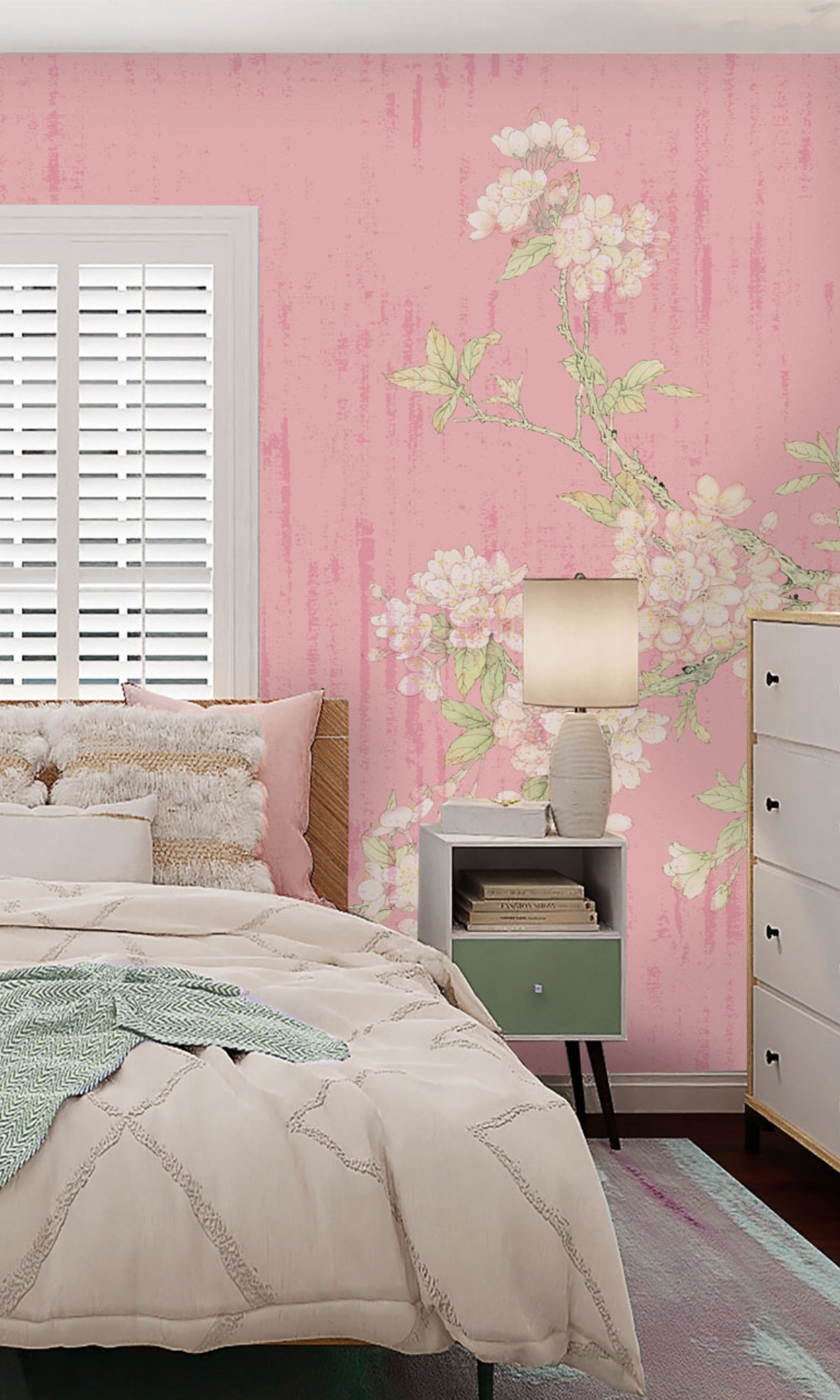 Pink White blooms on Pink Mural Wallpaper M1421