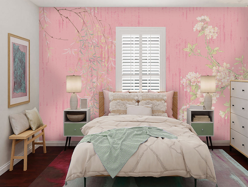 Pink White blooms on Pink Mural Wallpaper M1421