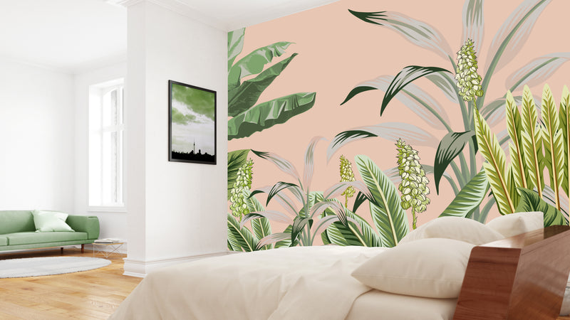 Pink & Green Botanical Garden Mural Wallpaper M1270