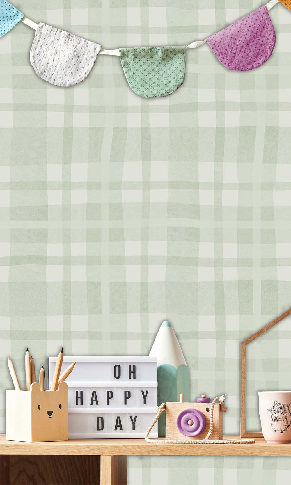 Sage Soft Watercolor Plaid Wallpaper R10007