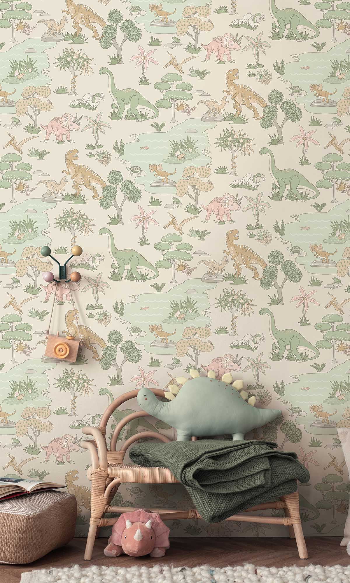 Pink/Sage Botanical Dinosaurs Wallpaper R10013