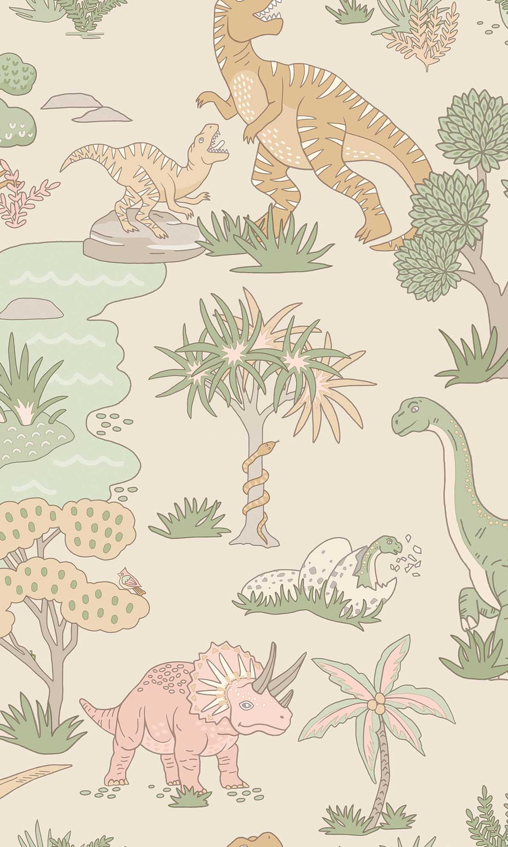 Pink/Sage Botanical Dinosaurs Wallpaper R10013