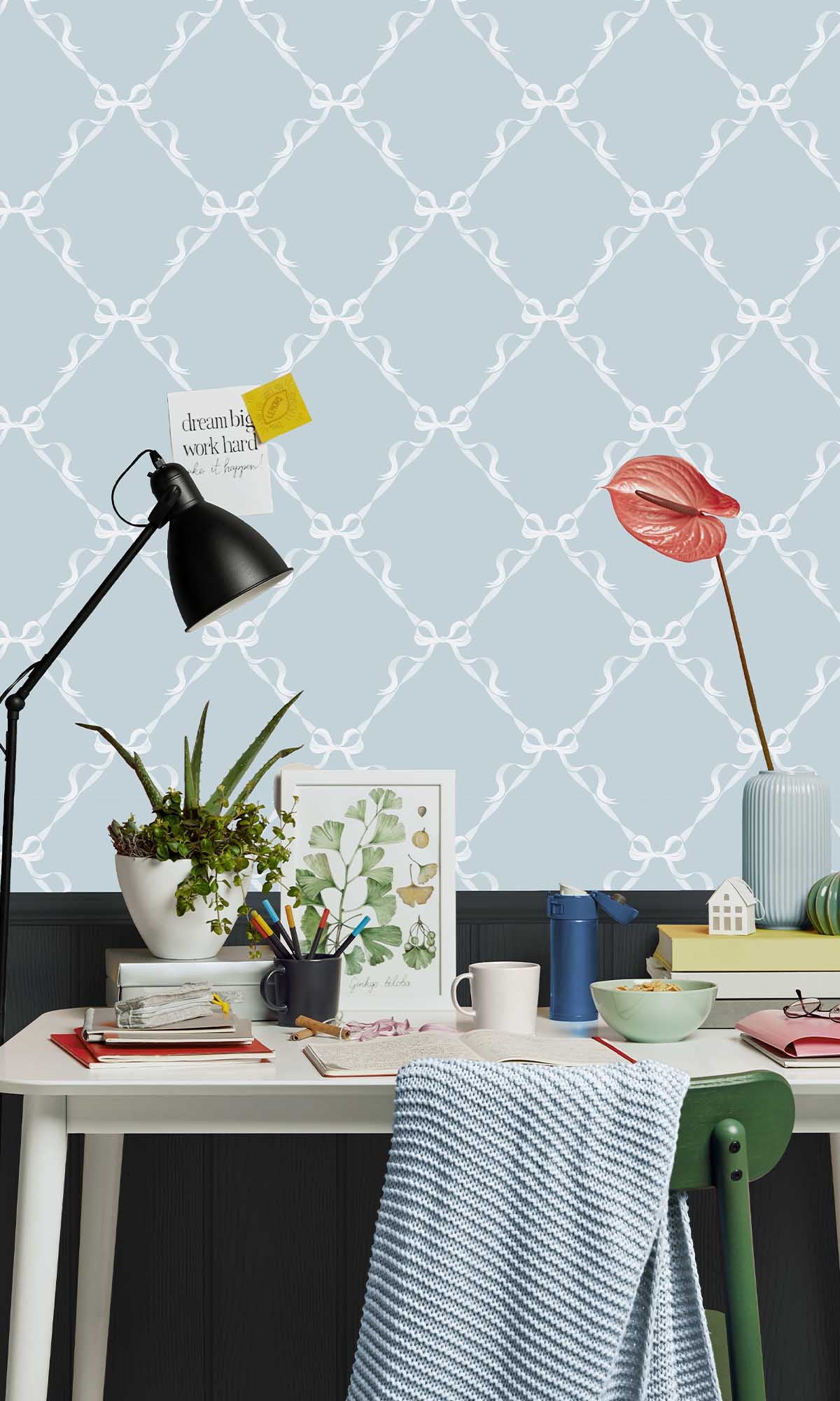 Sky Blue Ribbon Trellis Wallpaper R10017