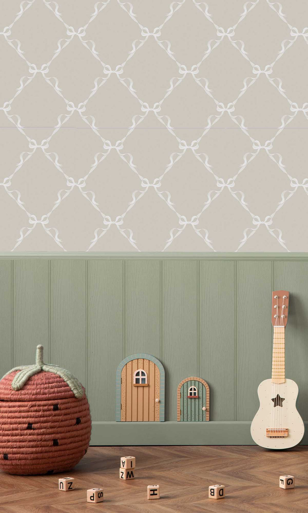 Warm Grey Ribbon Trellis Wallpaper R10018