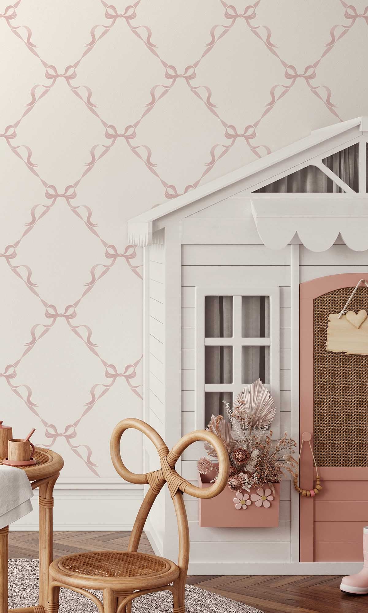 Cream/Pink Ribbon Trellis Wallpaper R10019