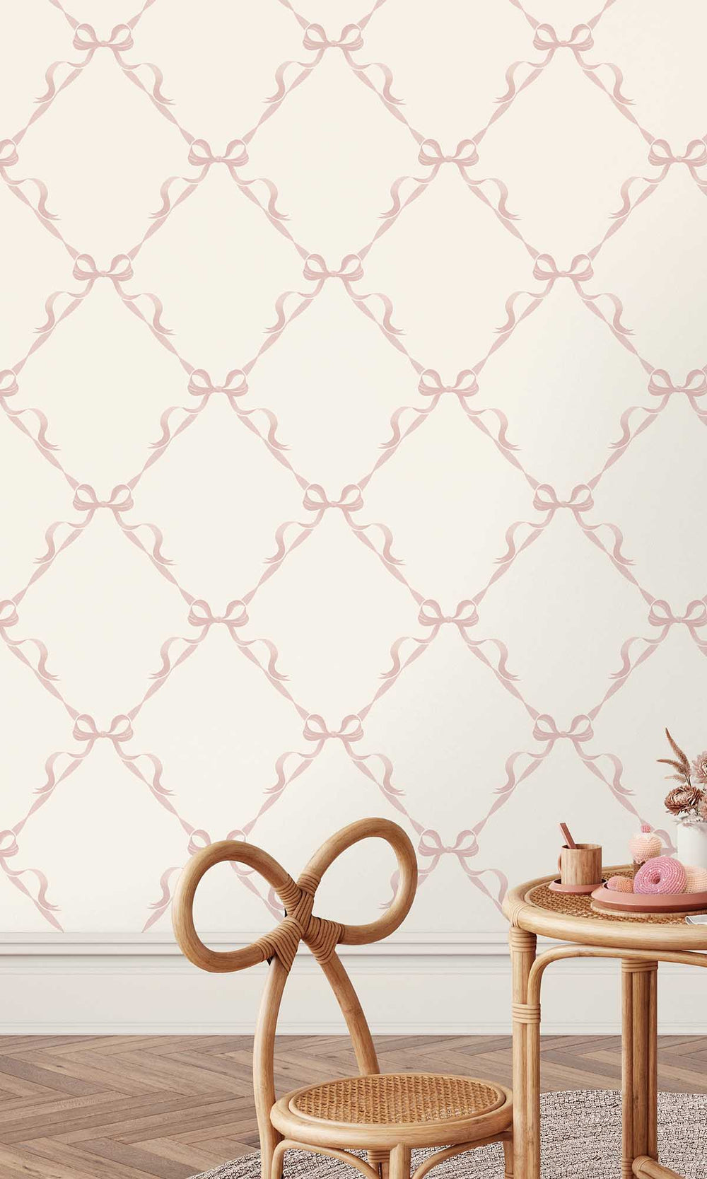 Cream/Pink Ribbon Trellis Wallpaper R10019