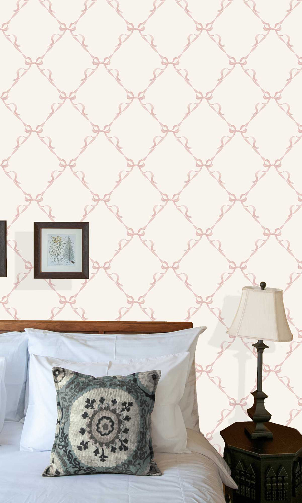 Cream/Pink Ribbon Trellis Wallpaper R10019