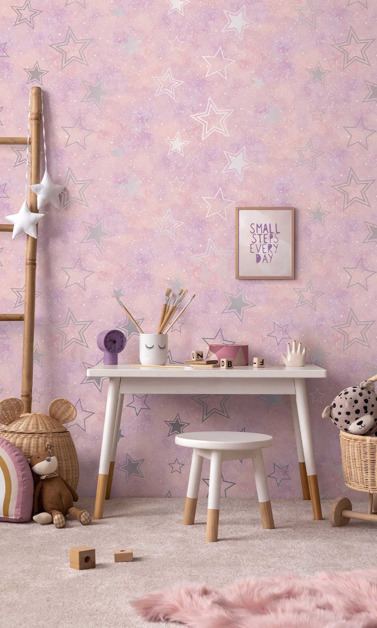 Pink/Silver Enchanting Stars Wallpaper R10025