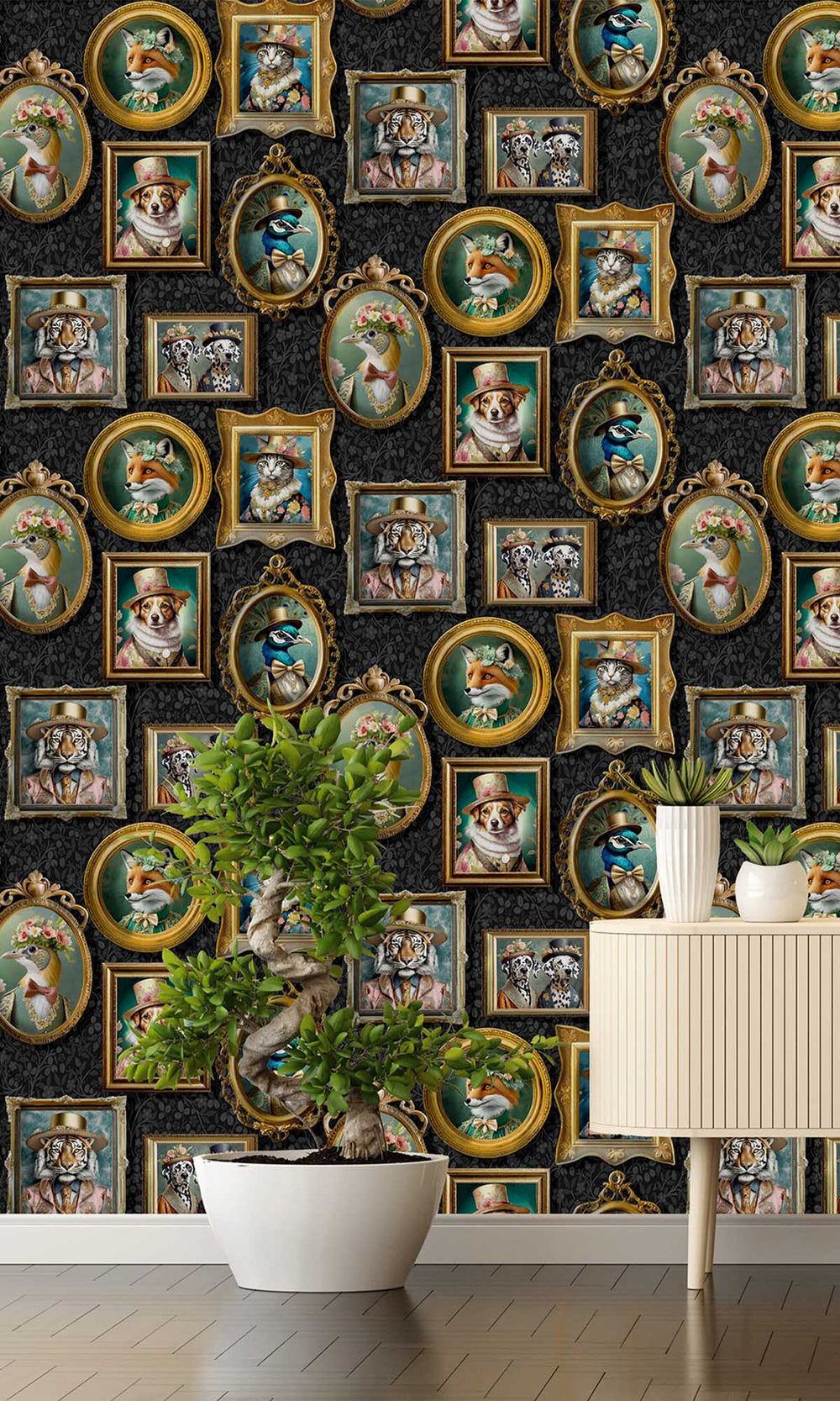 Charcoal Framed Regal Beasts Wallpaper R10051