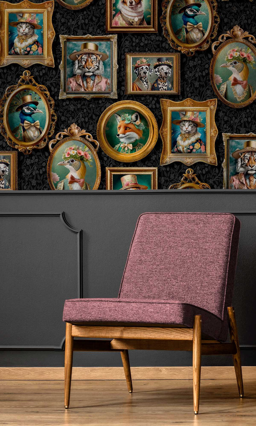 Charcoal Framed Regal Beasts Wallpaper R10051