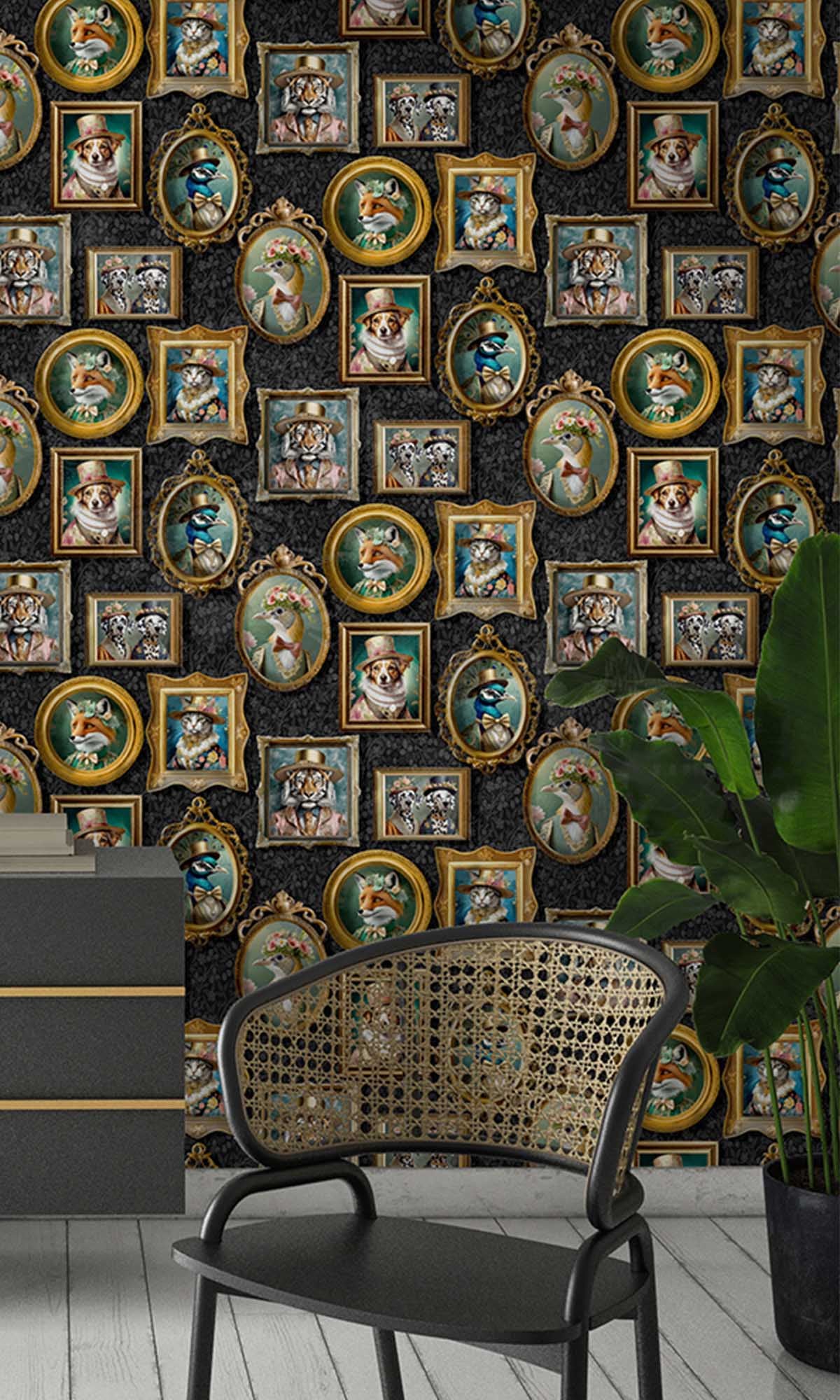 Charcoal Framed Regal Beasts Wallpaper R10051