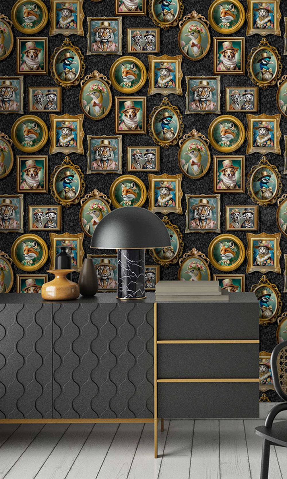 Charcoal Framed Regal Beasts Wallpaper R10051