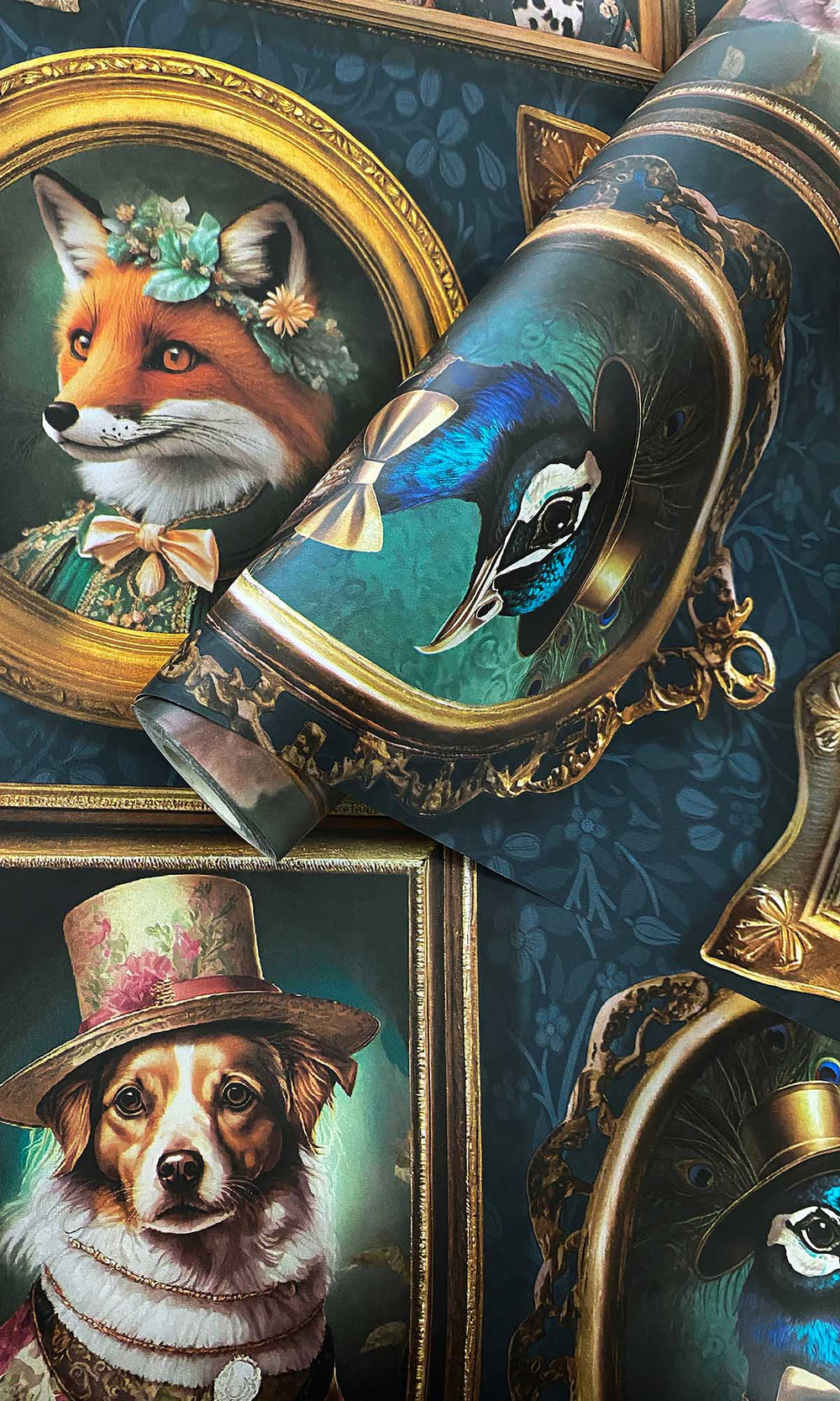Navy Framed Regal Beasts Wallpaper R10052