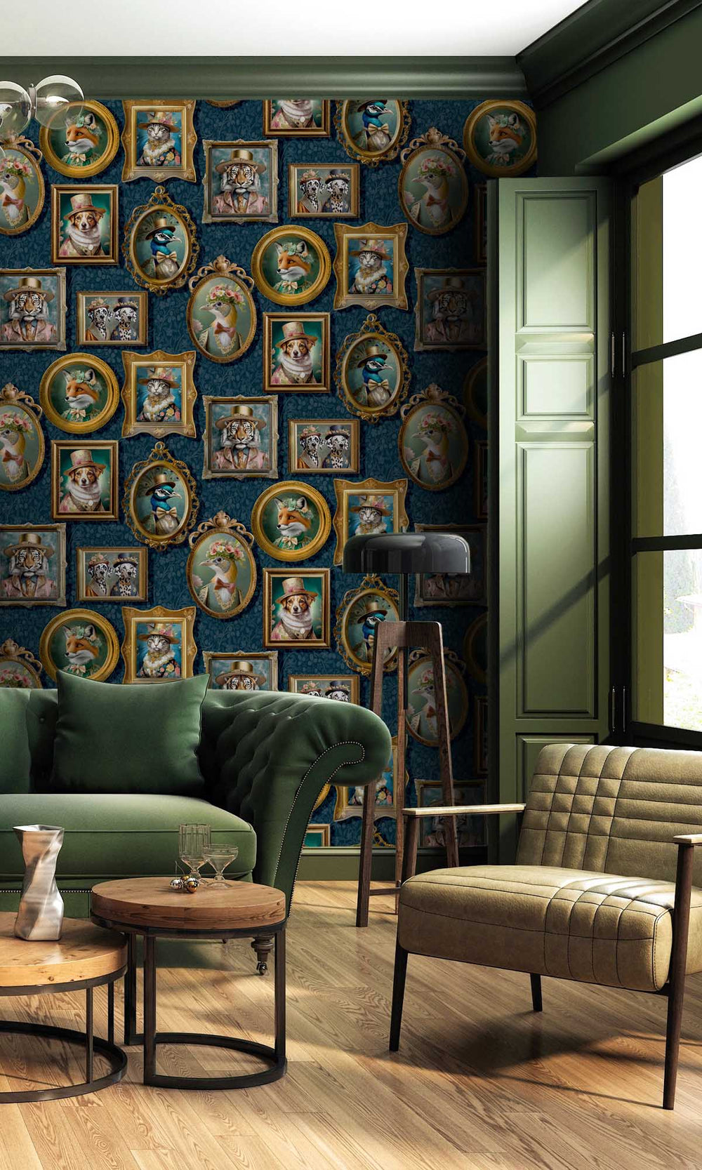 Navy Framed Regal Beasts Wallpaper R10052