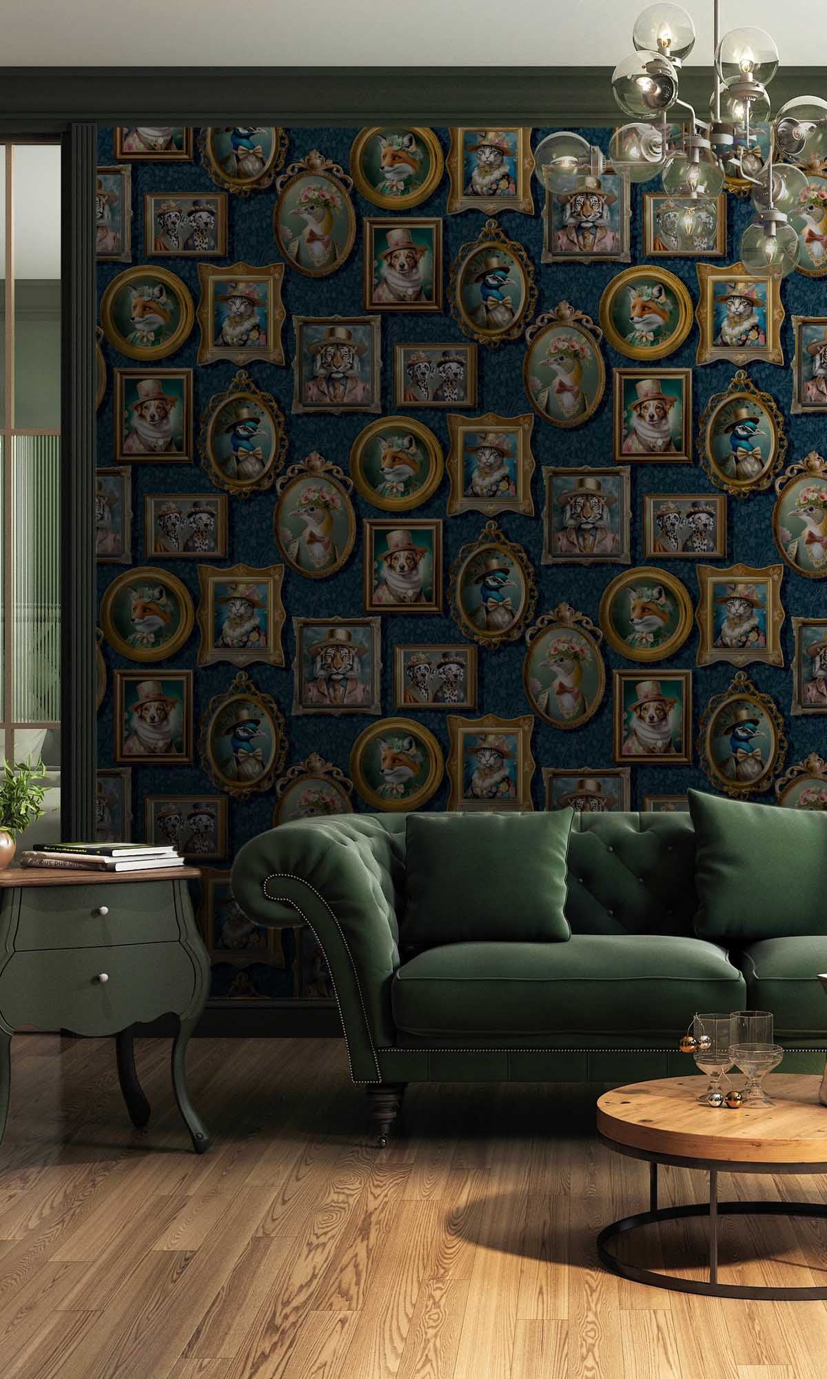 Navy Framed Regal Beasts Wallpaper R10052