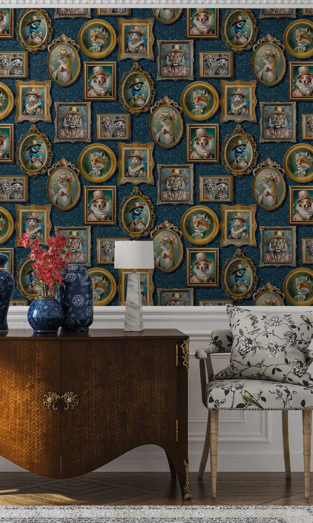 Navy Framed Regal Beasts Wallpaper R10052