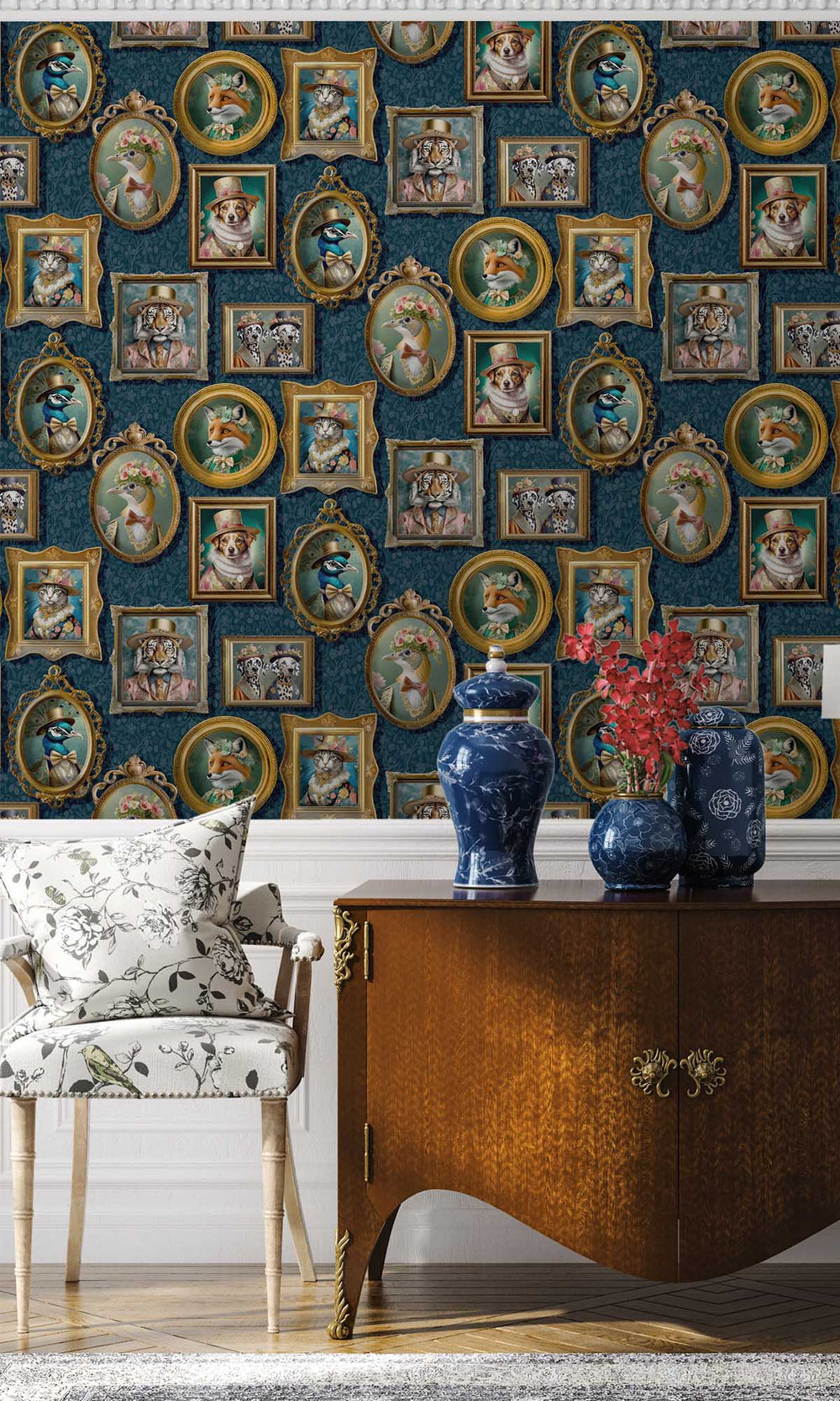 Navy Framed Regal Beasts Wallpaper R10052