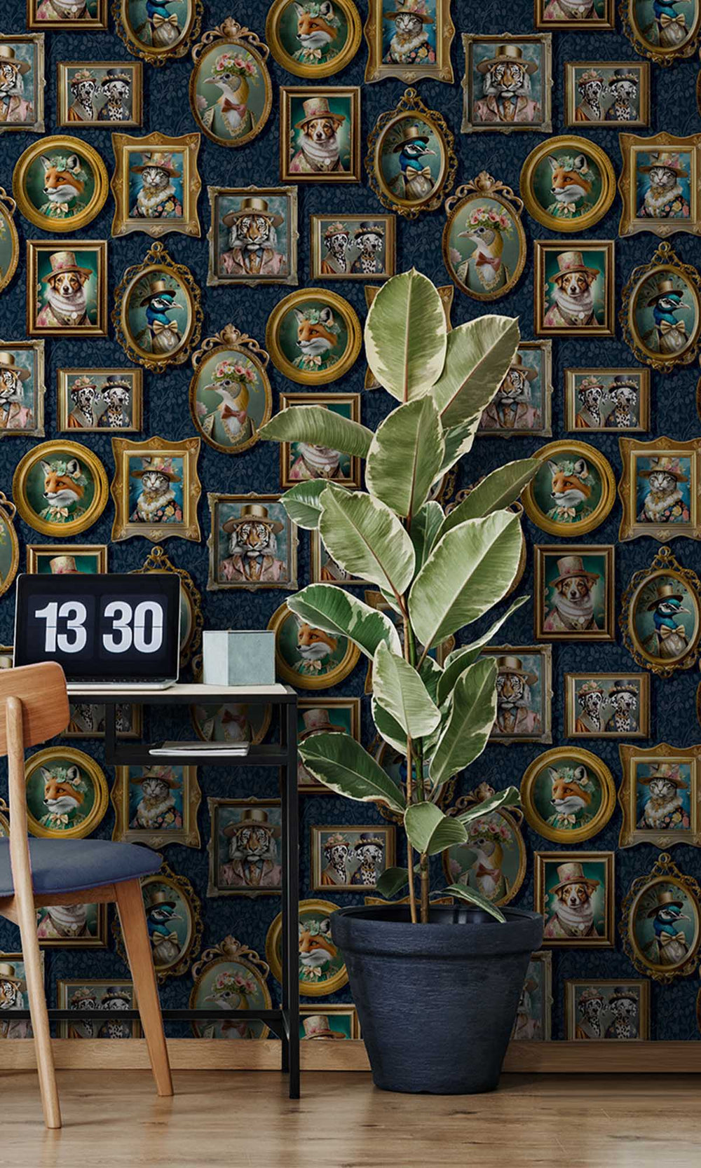 Navy Framed Regal Beasts Wallpaper R10052