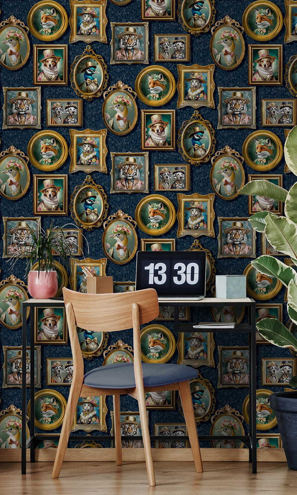 Navy Framed Regal Beasts Wallpaper R10052