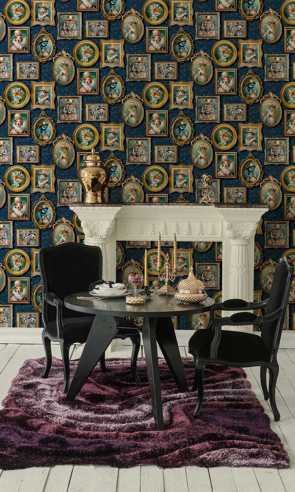 Navy Framed Regal Beasts Wallpaper R10052