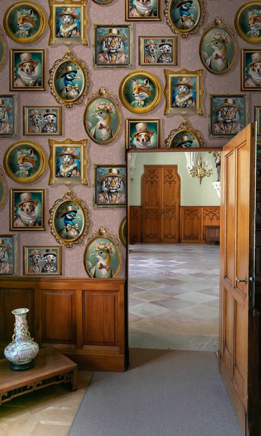 Pink Framed Regal Beasts Wallpaper R10054