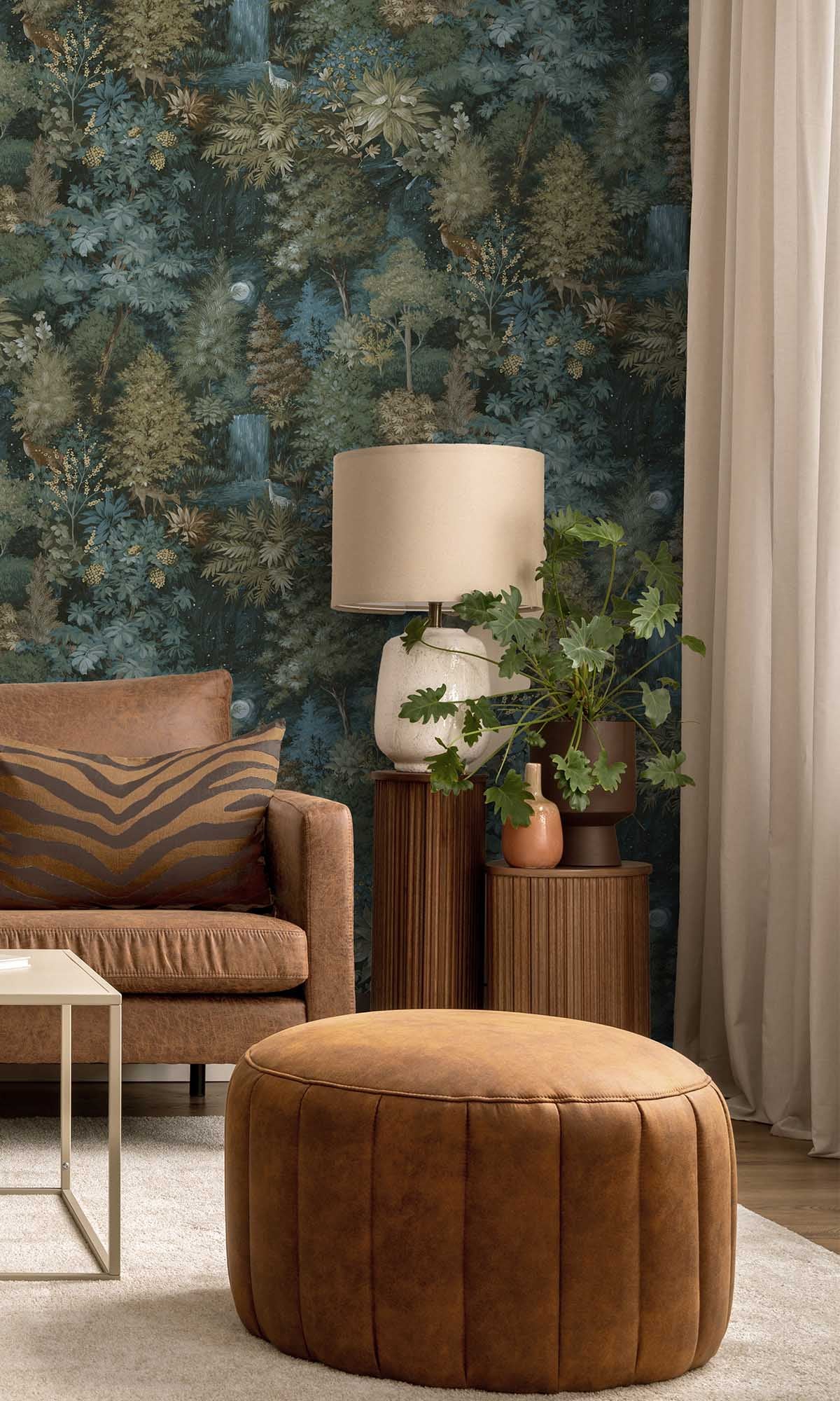 Teal/Yellow Moonlit Forest Wallpaper R10055