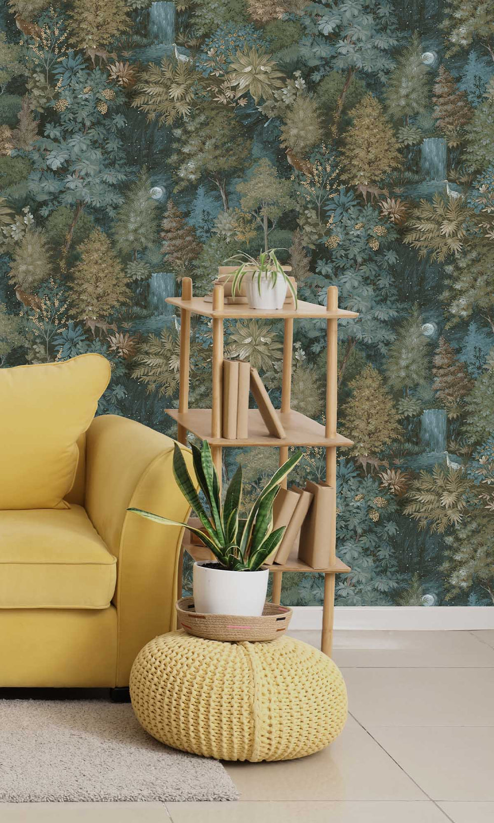Teal/Yellow Moonlit Forest Wallpaper R10055