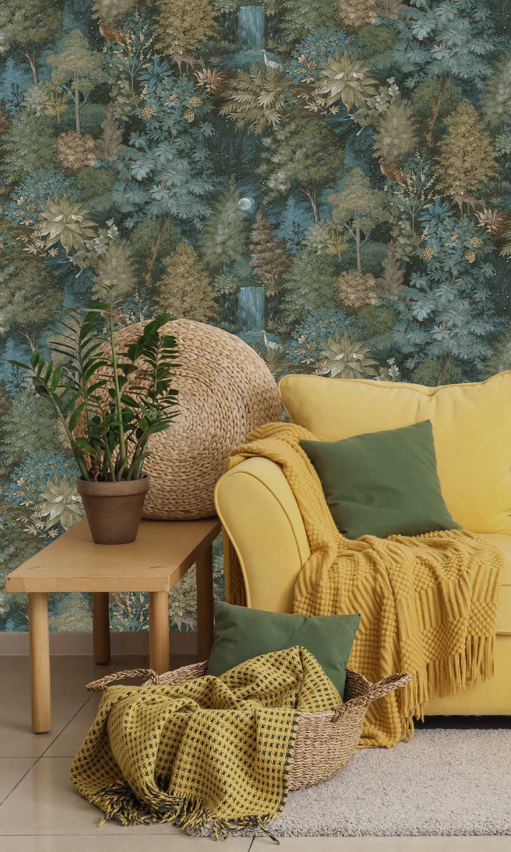 Teal/Yellow Moonlit Forest Wallpaper R10055