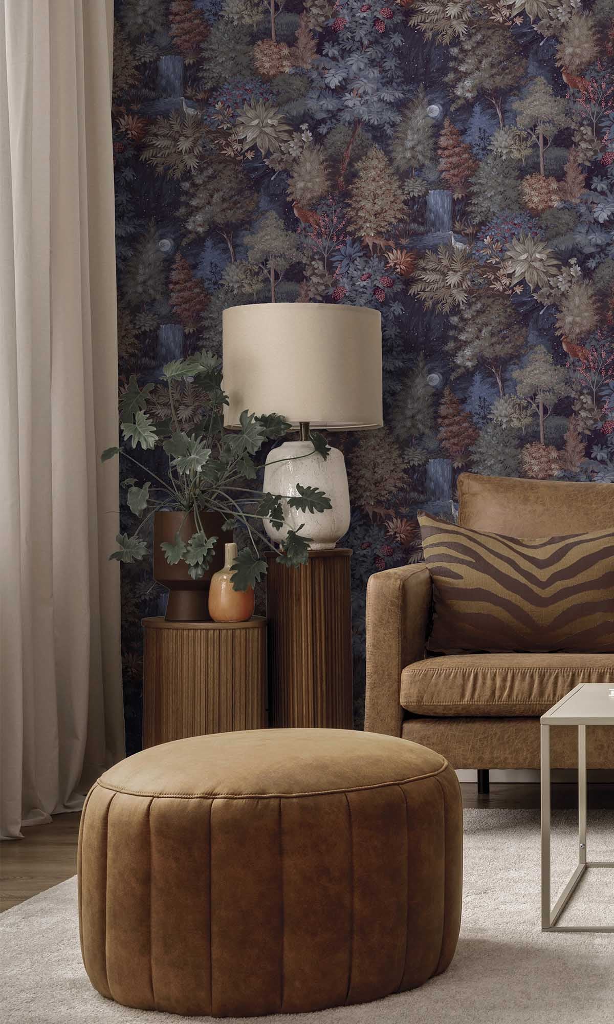 Navy Moonlit Forest Wallpaper R10057