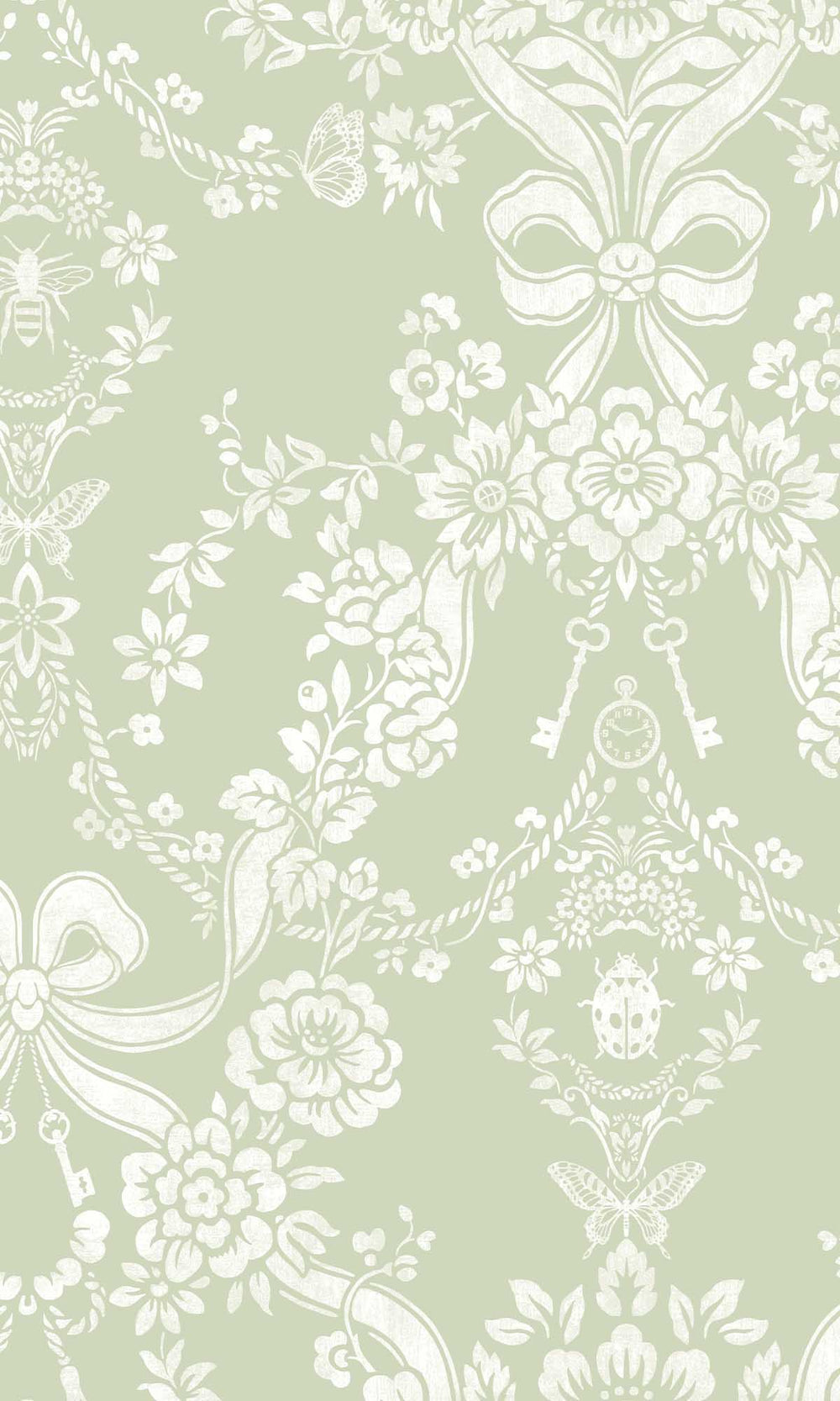 Sage Damask Floral Bow Wallpaper R10062