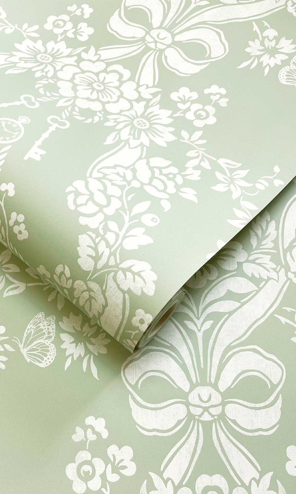 Sage Damask Floral Bow Wallpaper R10062