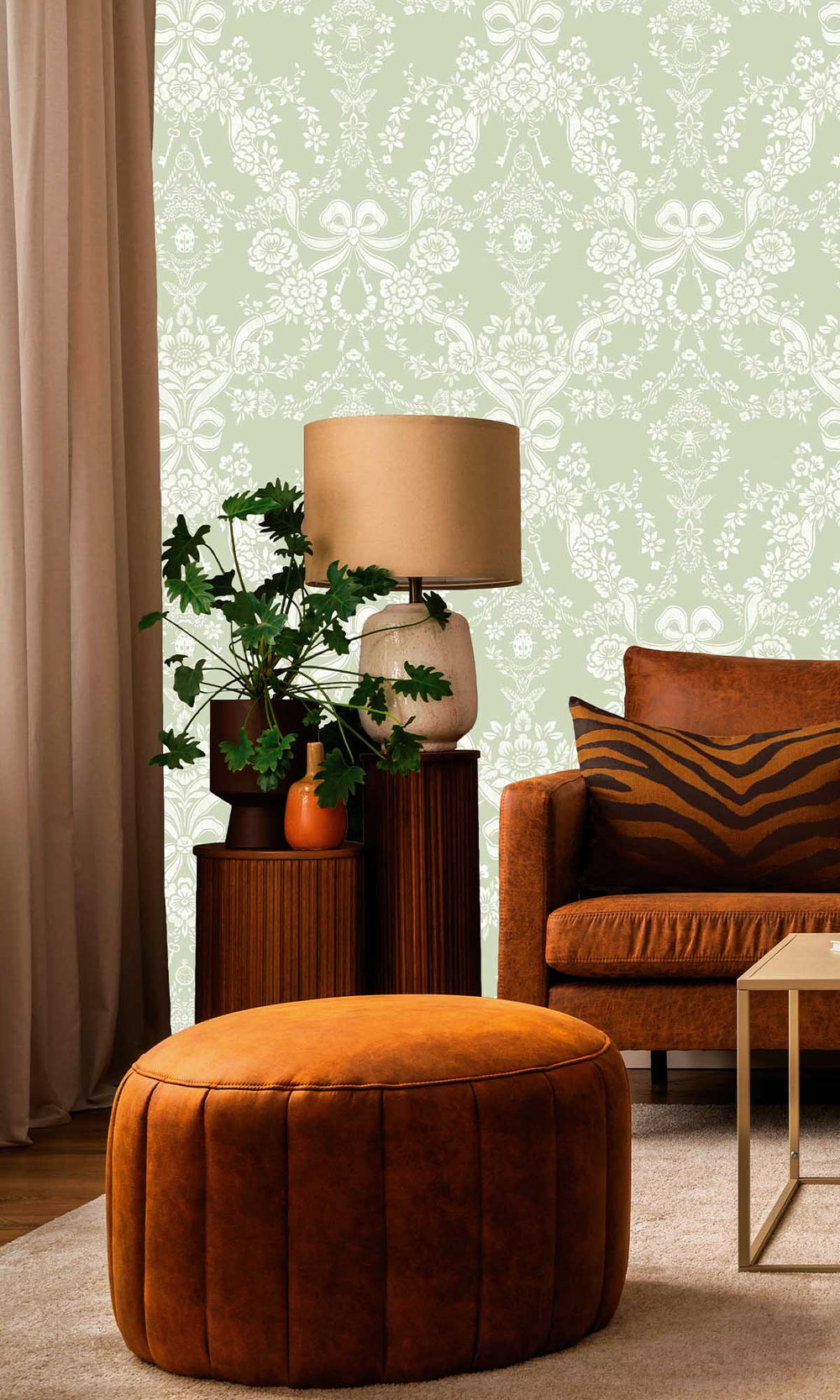 Sage Damask Floral Bow Wallpaper R10062