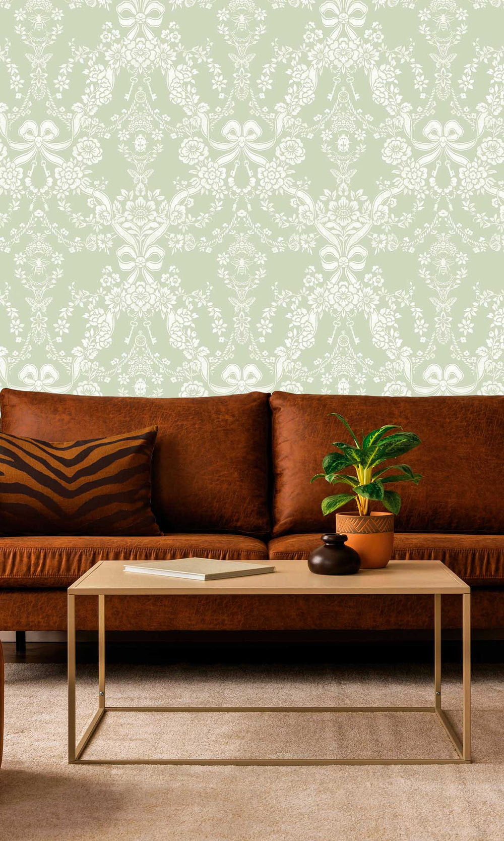 Sage Damask Floral Bow Wallpaper R10062