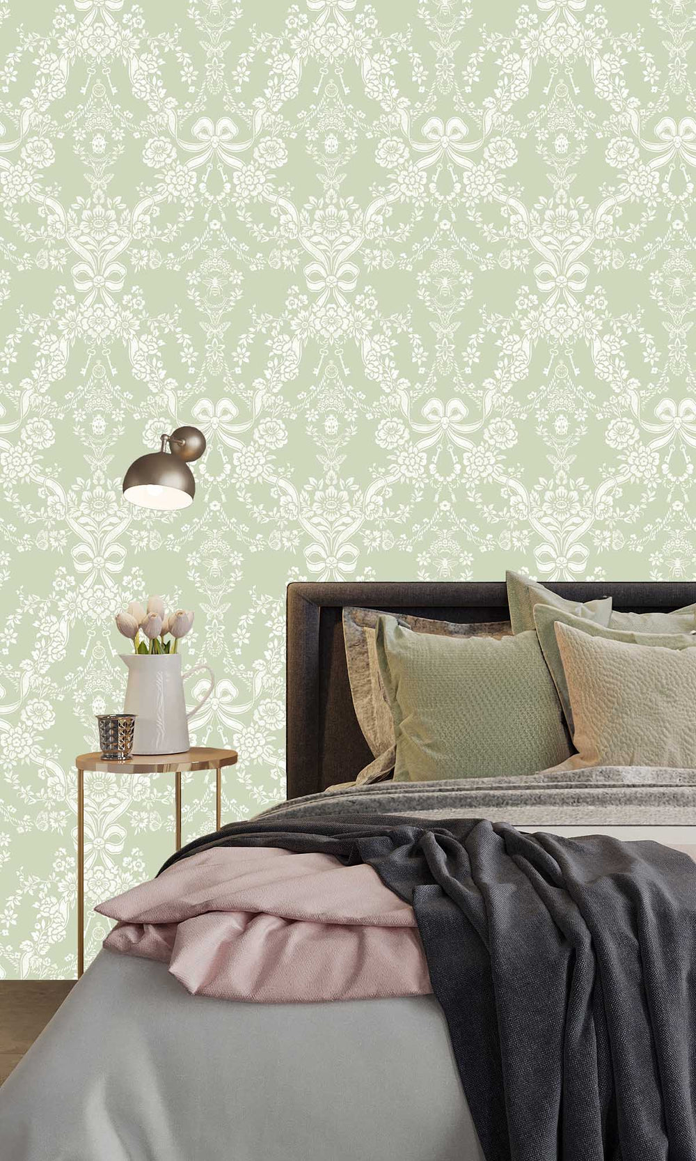 Sage Damask Floral Bow Wallpaper R10062