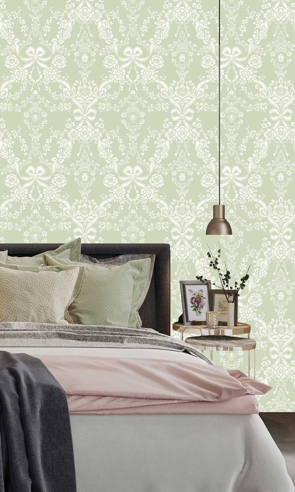 Sage Damask Floral Bow Wallpaper R10062