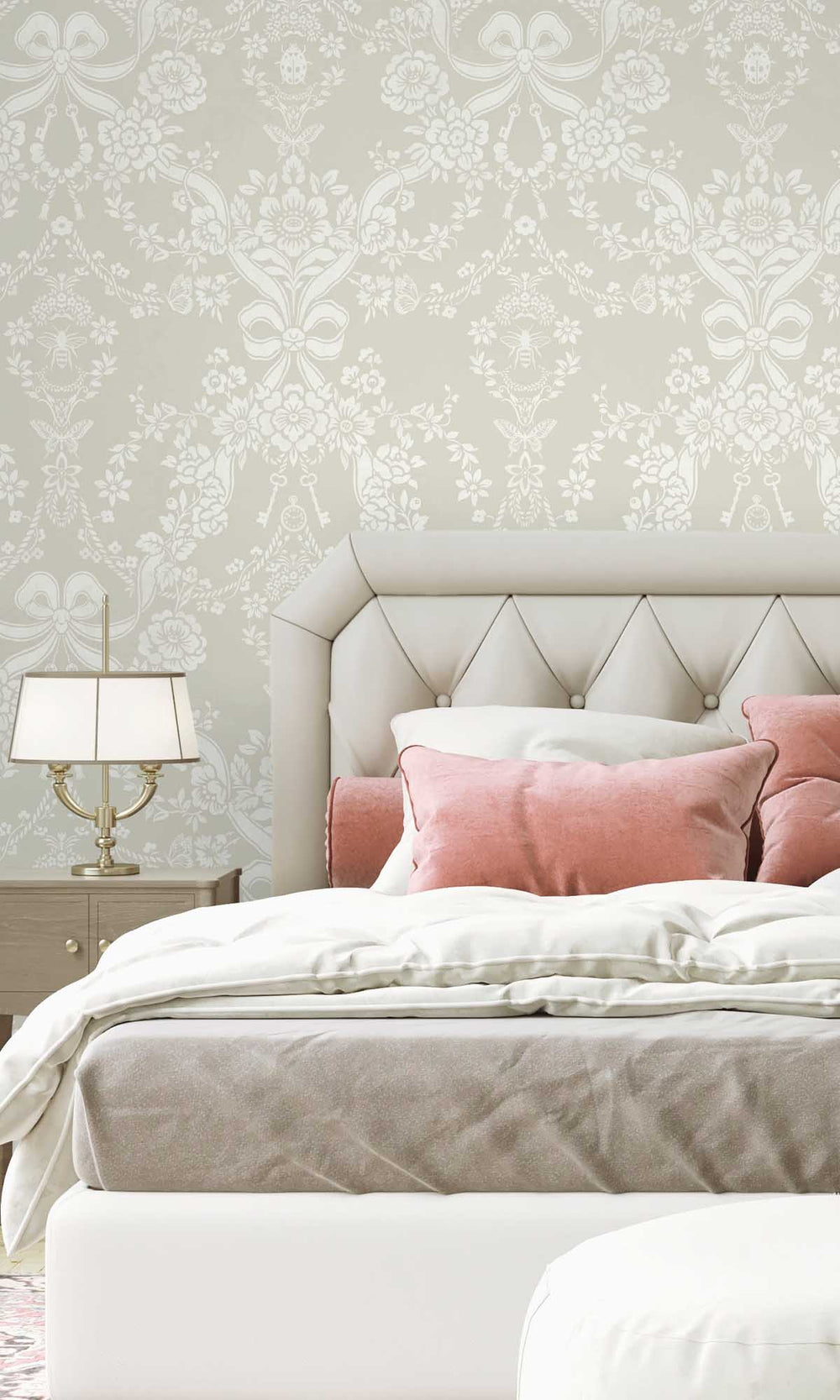 Taupe Damask Floral Bow Wallpaper R10063
