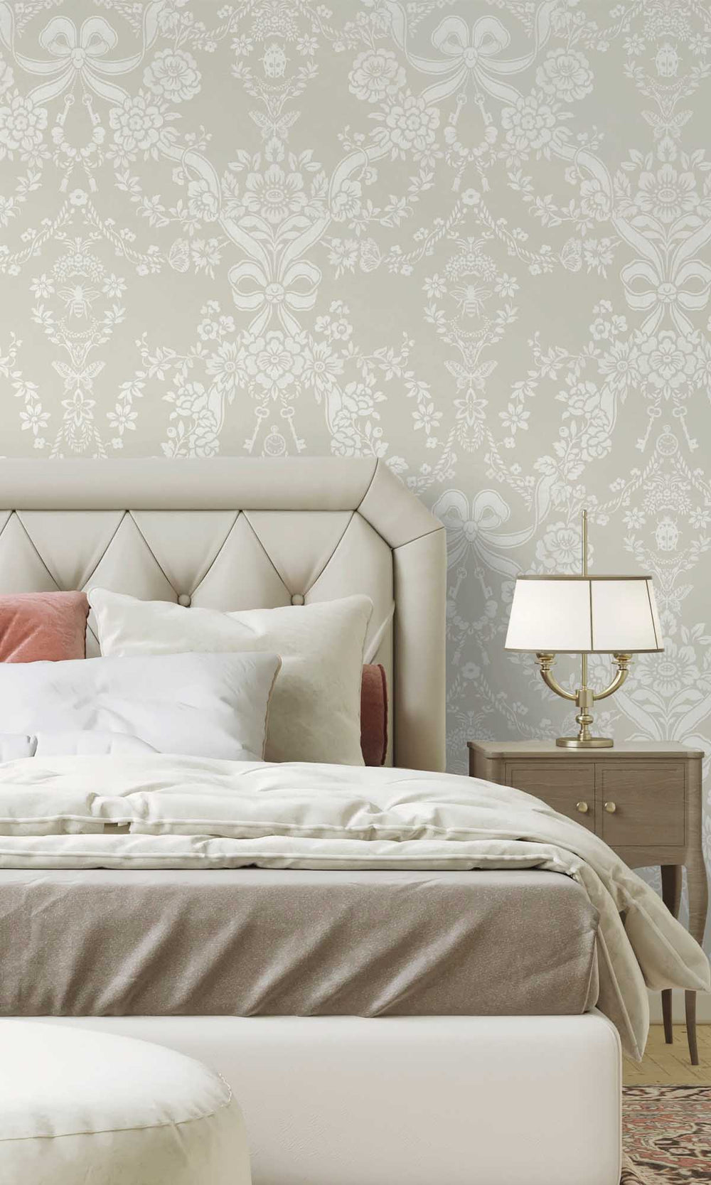 Taupe Damask Floral Bow Wallpaper R10063
