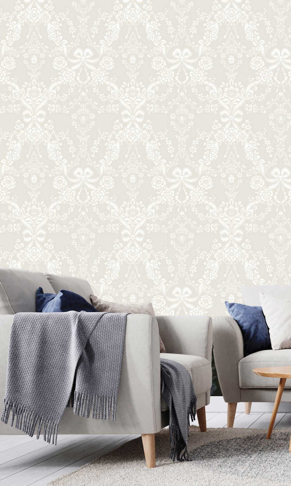 Taupe Damask Floral Bow Wallpaper R10063