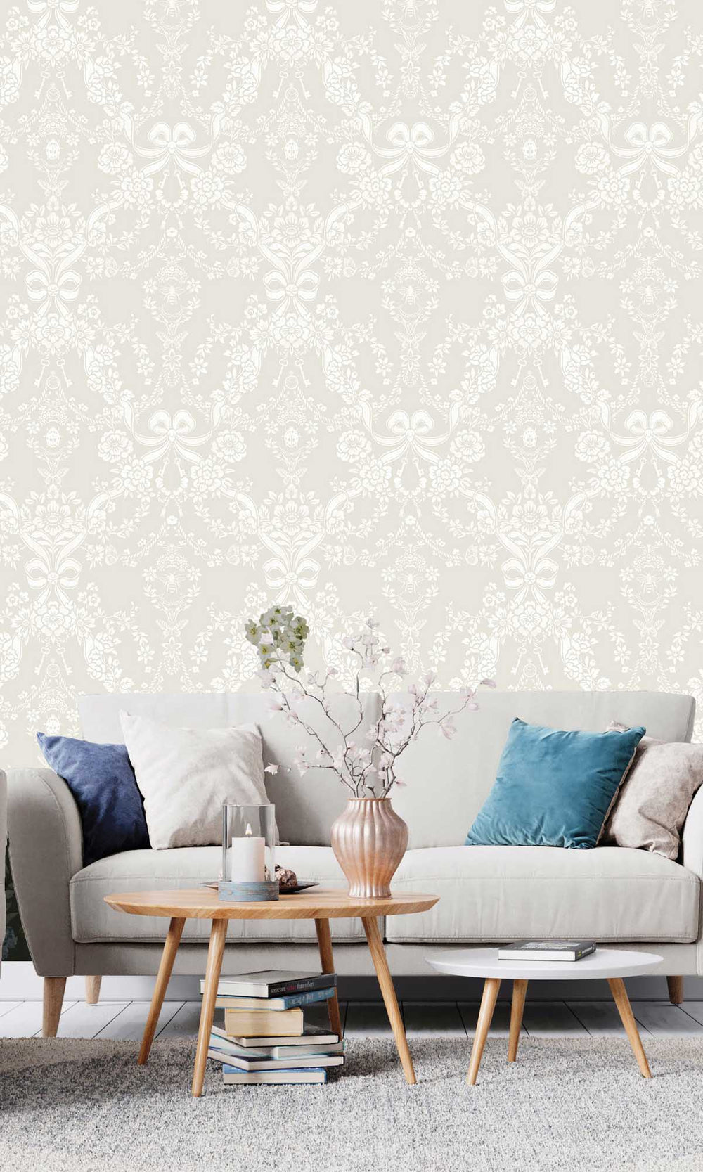 Taupe Damask Floral Bow Wallpaper R10063