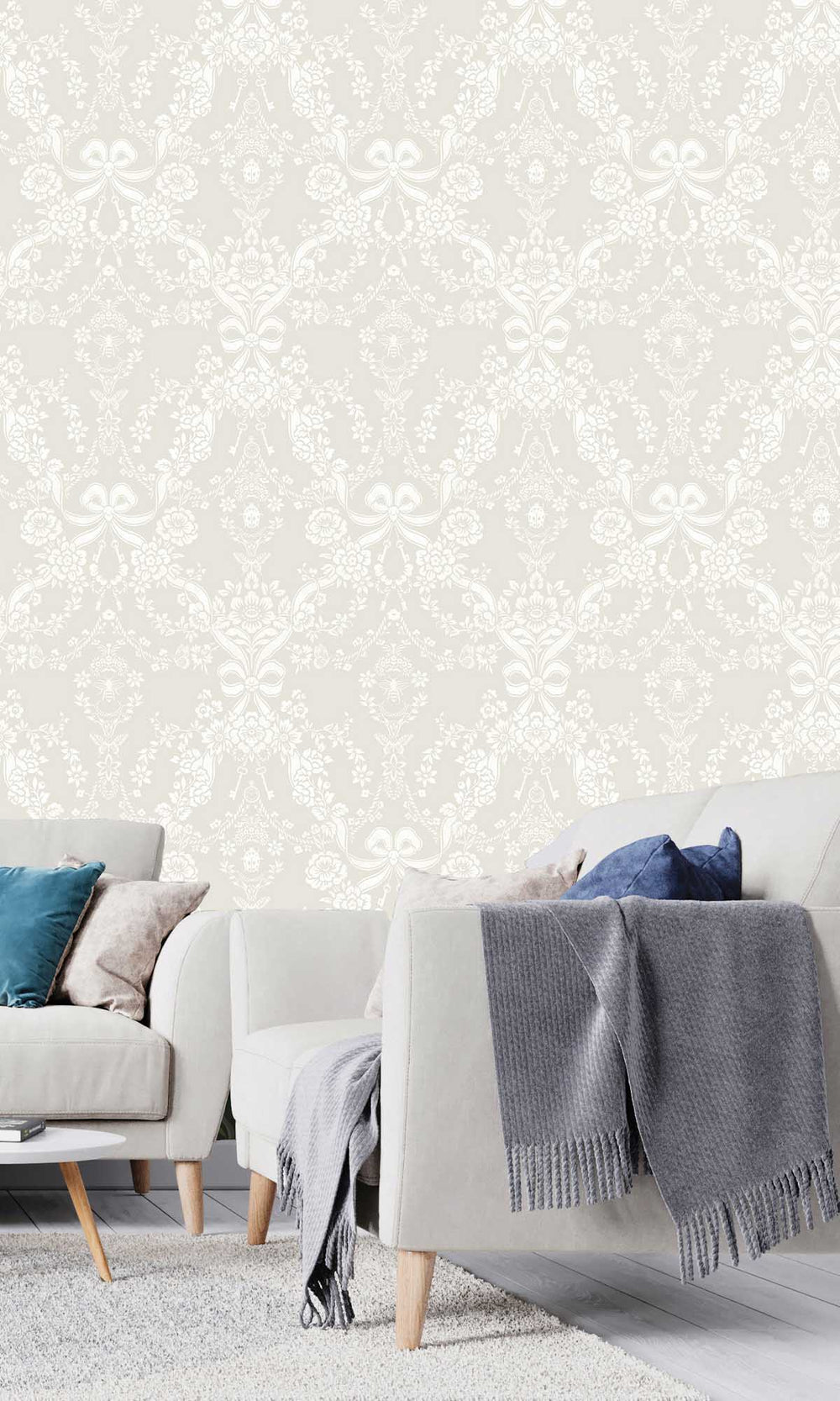 Taupe Damask Floral Bow Wallpaper R10063
