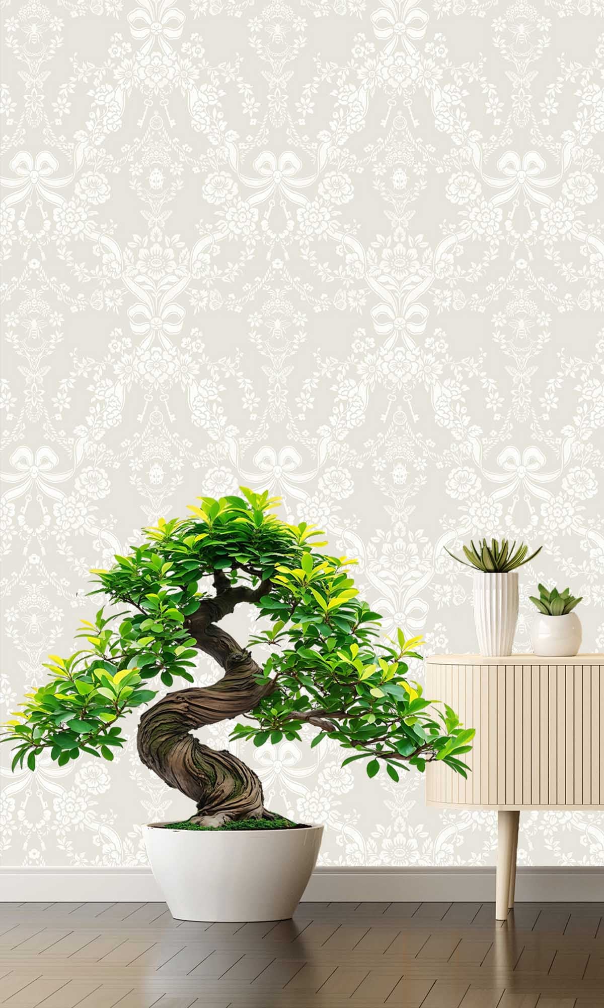 Taupe Damask Floral Bow Wallpaper R10063
