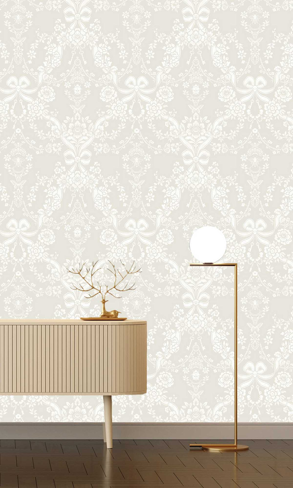 Taupe Damask Floral Bow Wallpaper R10063