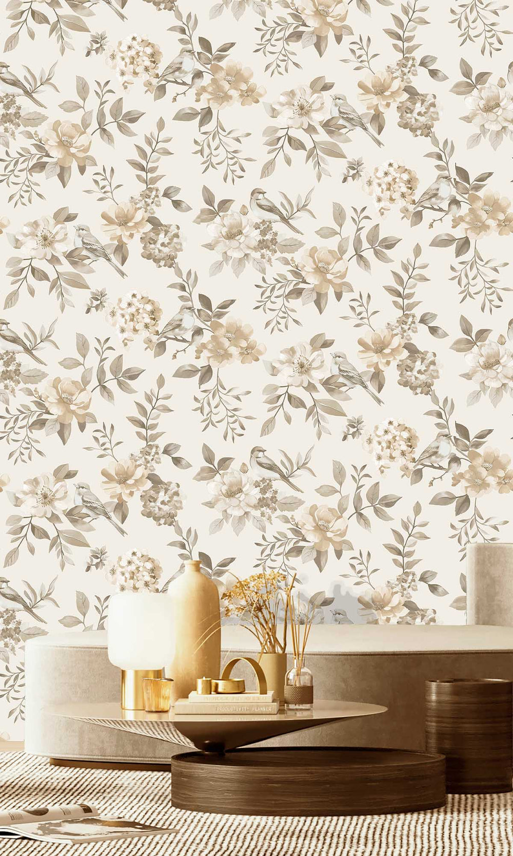 Neutral Birds in a Garden Wallpaper R10068