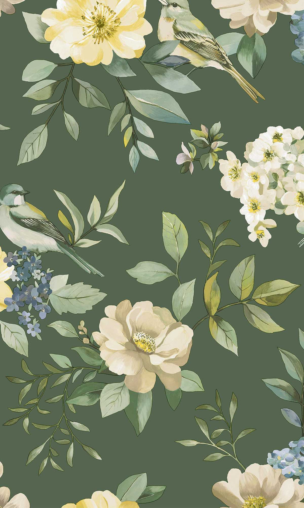 Green Birds in a Garden Wallpaper R10069