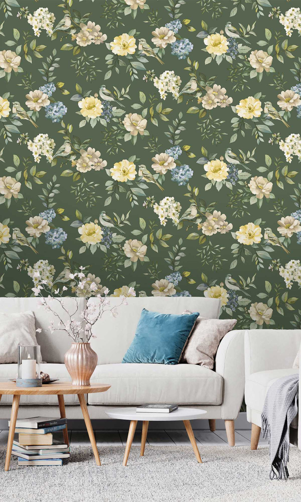 Green Birds in a Garden Wallpaper R10069