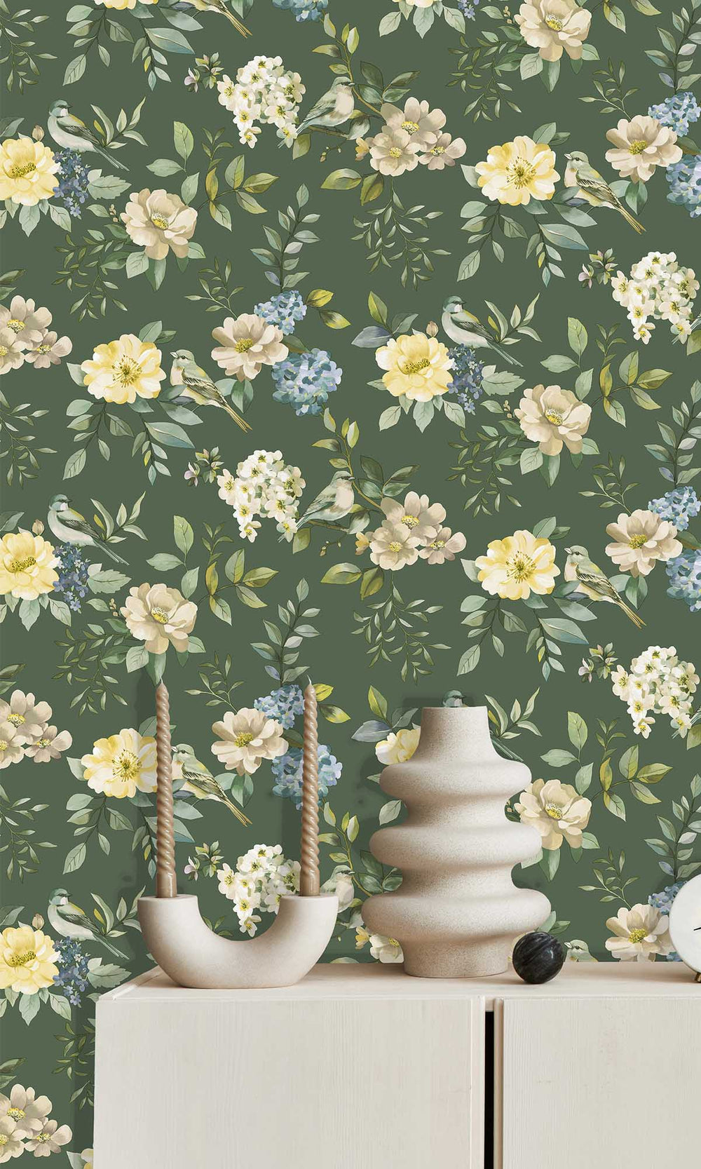 Green Birds in a Garden Wallpaper R10069