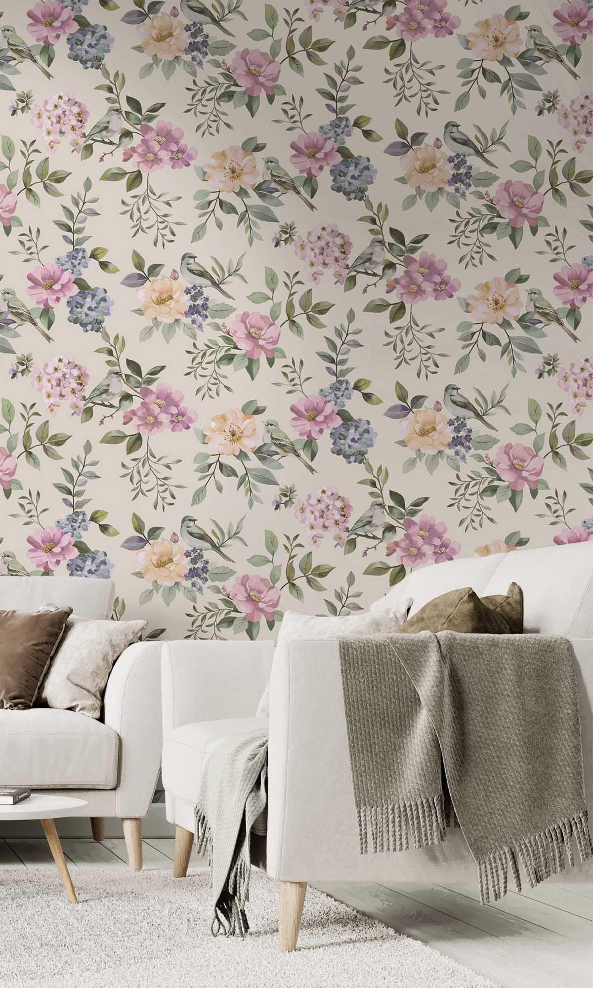 Beige/Multi Birds in a Garden Wallpaper R10070