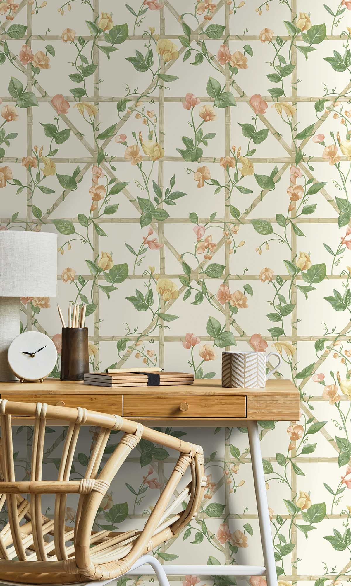 Orange Cream Trailing Floral Vines Wallpaper R10072