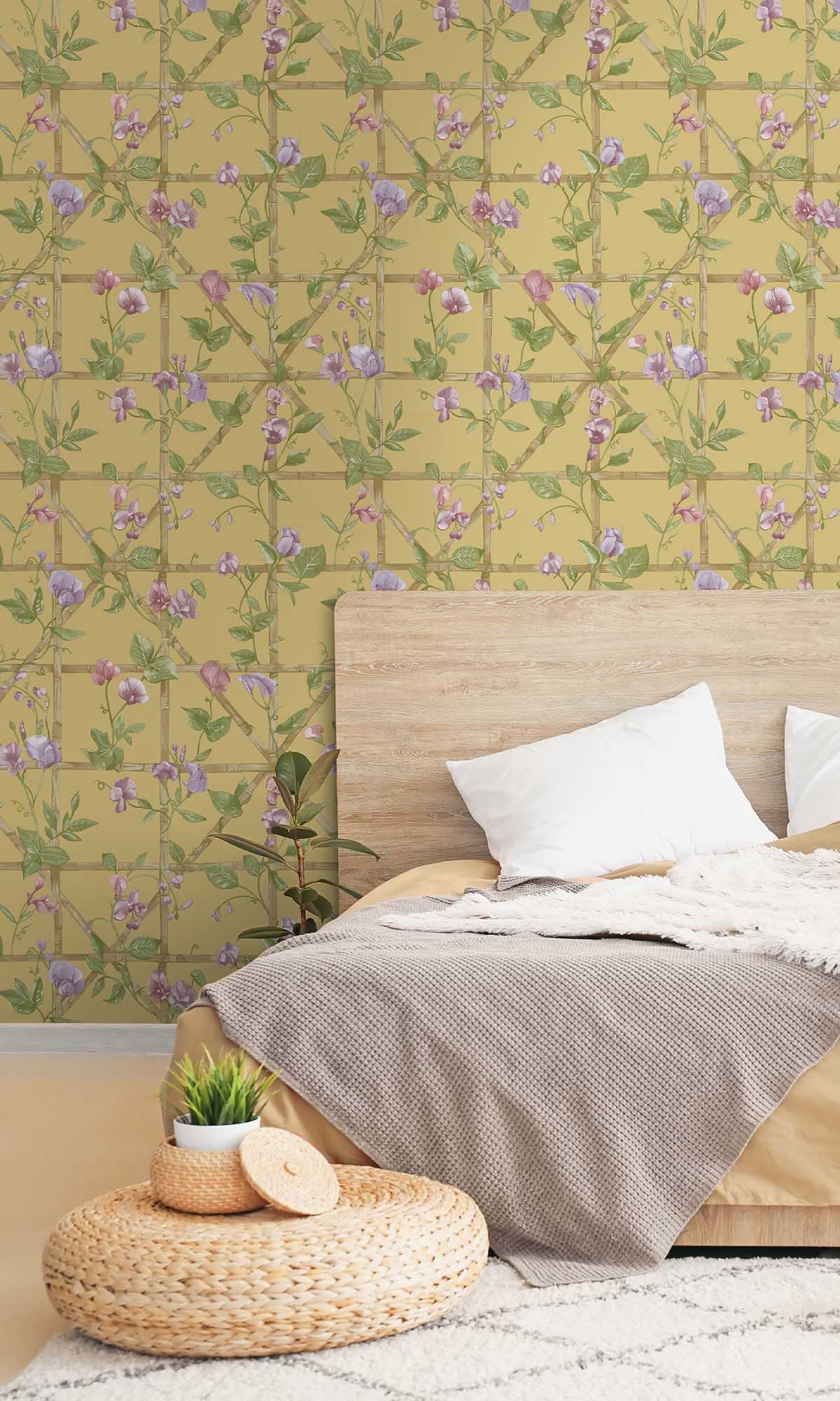 Ochre Trailing Floral Vines Wallpaper R10073